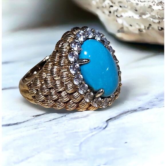 Oval Turquoise White Topaz Vermeil Sterling Silver 925 Statement Ring Size 7 - Picture 1 of 7